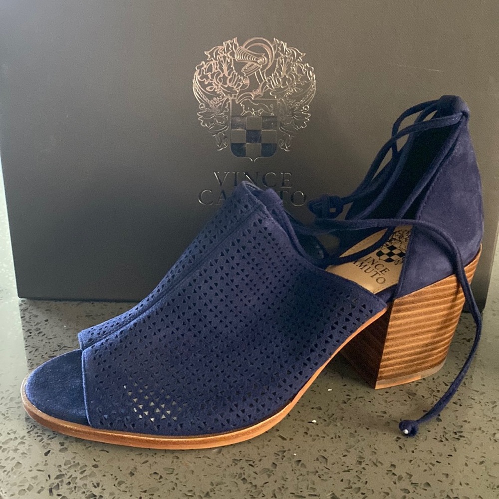 Vince Camuto blue suede open toe heels